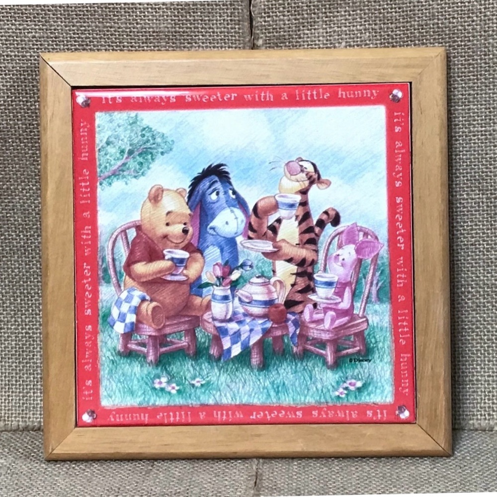 Vintage Winnie The Pooh Tea Party Tile & Wood Plaque Trivet Whimsical Cute Twee